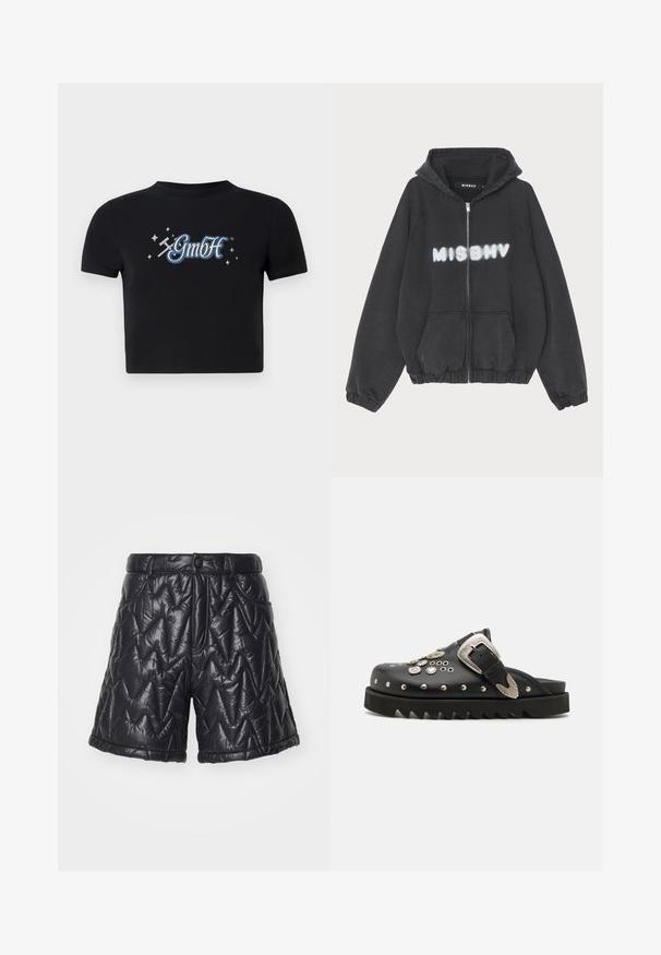 Sort hættejakke med lynlås foran, ribbede manchetter og kant. Har "MISBHV" trykt i graffiti-lignende hvid skrift over brystet.; Sort cropped t-shirt lavet af bomuld med en rund halsudskæring, prydet med et blåt og hvidt "GmbH" logo omgivet af små stjerner, trykt på forsiden.; Sorte quiltede shorts lavet af blank, polstret stof. Har en lynlås i skridtet, frontlommer og et zigzag-stikmønster på overfladen.; Sorte lædertræsko med metalliske nitter og blomsteraccenter. Har en bred rem og en tyk, takkede sål for ekstra højdeforskydning.