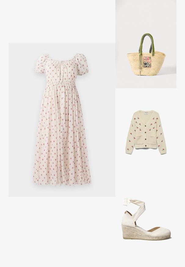 Vero Moda Knitted AWVALLEY Knit - Vest - birch; Bloemjurk gemaakt van lichte stof, met een vierkante halslijn, korte pofmouwen, elastische taille en een beige achtergrond met rode bloemen.; Witte canvas wedge schoen met enkelbandje, jute-wrapped hak, ronde neus en een gebreide stoffen bovenkant. De wedge heeft een hoogte van ongeveer 7 cm.; Geweven beige strooien tas met gevlochten groene en zwarte handvatten en een kleurrijke rechthoekige patch aan de voorkant.
