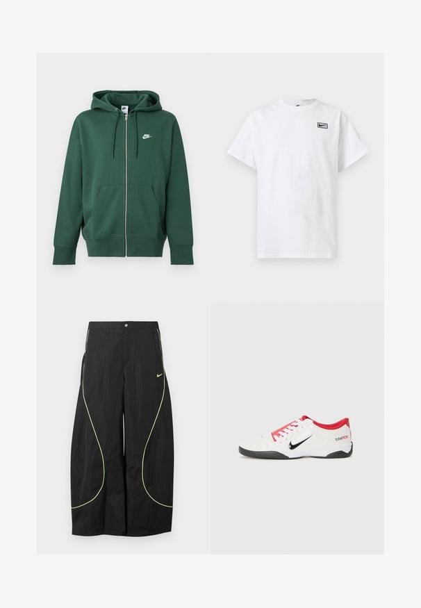 Grüner Nike Zip-Hoodie mit Vordertaschen, Kordelzugkapuze und weißem Logo auf der linken Brust, vor einem einfachen Hintergrund dargestellt.; Weißes T-Shirt mit kurzen Ärmeln und Rundhalsausschnitt, mit kleinem schwarzem Nike Swoosh-Logo in einem Rechteck auf der linken Brust.; Schwarze Nike-Hose mit weitem Bein, neongrünem, geschwungenem Paspel und kleinem Nike-Swoosh-Logo auf dem rechten Oberschenkel, mit Knopf- und Reißverschlussbund.; Weißer Sportschuh mit roten Akzenten, schwarzem Swoosh-Logo und strukturiertem Design. Mit weißen Schnürsenkeln und schwarzem Außensohle. Text lautet "total90."