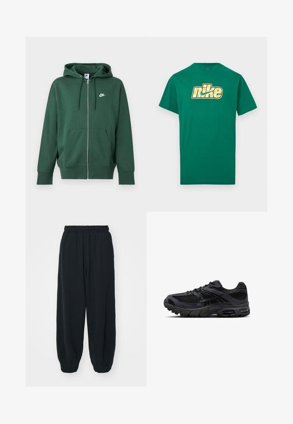 Sweat à capuche zippé vert Nike avec poches avant, capuche à cordon et logo blanc sur la poitrine gauche, présenté sur un fond uni.; T-shirt vert à manches courtes avec un logo Nike à carreaux jaunes et blancs centré sur la poitrine, sur fond blanc.; Pantalons de survêtement noirs avec taille élastiquée, coupe ample, chevilles côtelées, texture lisse et sans motifs ni accents matériels visibles.; Chaussure de course Nike noire et gris foncé avec tissu en mesh, empiècements en daim, semelle amortie et unités d'air visibles au talon et à l'avant-pied.