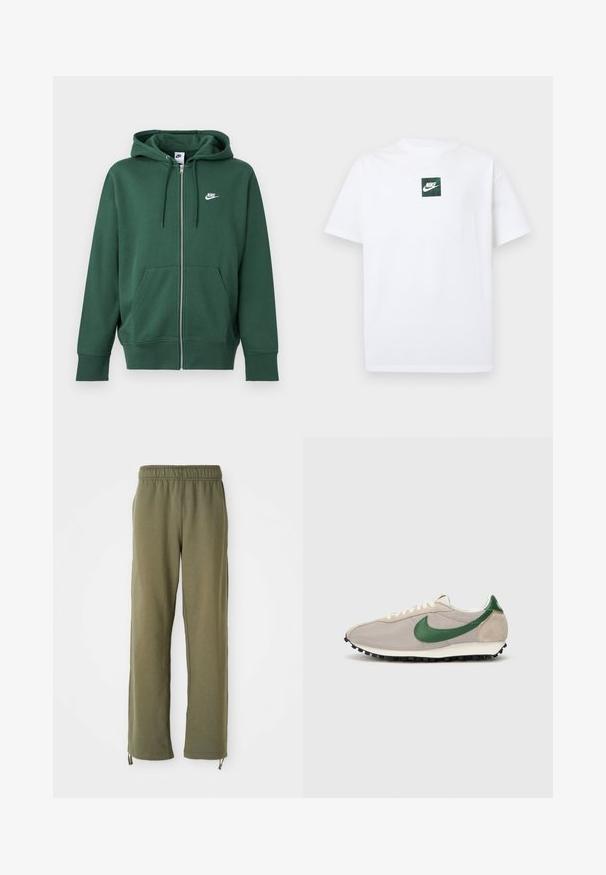Grüner Nike Zip-Hoodie mit Vordertaschen, Kordelzugkapuze und weißem Logo auf der linken Brust, vor einem einfachen Hintergrund dargestellt.; Weißes Nike-T-Shirt mit kurzen Ärmeln, versehen mit einem kleinen grünen quadratischen Logo, das den Nike-Swoosh und Text in der Brustmitte zeigt.; Olivgrüne Baumwoll-Sweatpants mit elastischem Bund, geraden Beinen und verstellbaren Kordeln an den Knöcheln. Weiche Textur, lässiges Design.; Beige Laufschuhe mit grünen Wildlederakzenten, strukturiertem Mesh-Obermaterial, cremefarbenen Schnürsenkeln und einer schwarzen Gummisohle mit Traktionsnoppen.