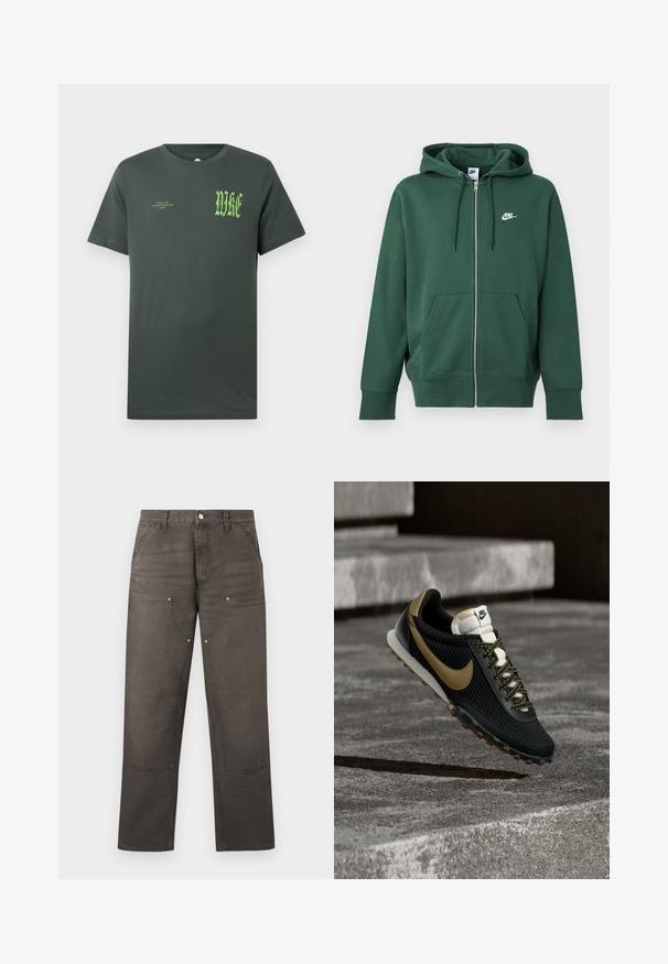 Πράσινο φούτερ Nike με φερμουάρ, εμπρόσθιες τσέπες, κουκούλα με κορδόνι και λευκό λογότυπο στο αριστερό στήθος, εμφανίζεται σε απλό φόντο.; Σκούρο πράσινο βαμβακερό T-shirt με κοντά μανίκια. Στο μπροστινό μέρος υπάρχει μεγάλο πράσινο λογότυπο "NIKE" και μικρότερο κείμενο, κλασικός στρογγυλός γιακάς, λεία υφή.; Καφέ παντελόνι εργασίας με ίσια μπατζάκια, ενισχυμένες επενδύσεις στα γόνατα, μπροστινές τσέπες, θηλιές για ζώνη και κλείσιμο με κουμπί.; Μαύρο και χρυσό αθλητικό παπούτσι τρεξίματος Nike με υφή στο επάνω μέρος και κορδόνια με σχέδιο, που αιωρείται πάνω από τραχιά επιφάνεια σκυροδέματος και σκαλοπάτια.