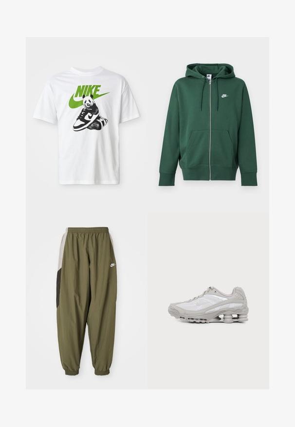 Zelená Nike mikina na zips s prednými vreckami, kapucňou so šnúrkou a bielym logom na ľavej strane hrudníka, zobrazená na jednoduchom pozadí.; Biela bavlnená tričko s čierno-bielou grafikou pandy, ktorá drží tenisku Nike, s zeleným logom Nike hore.; Olivovo zelené športové nohavice Nike s elastickým pásom a manžetami. Obsahujú bočné panely v svetlošedej a tmavošedej farbe s detailom loga.; Šedá a biela športová teniska s viditeľnou podrážkou s vzduchovou vložkou a sieťovinovými panelmi, zobrazená v profile na jednoduchom svetlom pozadí.