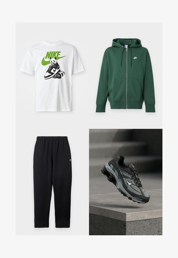 Zelená Nike mikina na zips s prednými vreckami, kapucňou so šnúrkou a bielym logom na ľavej strane hrudníka, zobrazená na jednoduchom pozadí.; Biela bavlnená tričko s čierno-bielou grafikou pandy, ktorá drží tenisku Nike, s zeleným logom Nike hore.; Čierne tepláky s elastickým pásom, na ľavej strane malým bielym logom. Vyrobené z jemnej, ľahkej tkaniny. Strih s rovnými nohavicami.; Šedá a čierna športová teniska s panelmi z sieťoviny a hrubou podrážkou, umiestnená vo vzduchu nad betónovým obrubníkom a schodmi v pozadí.