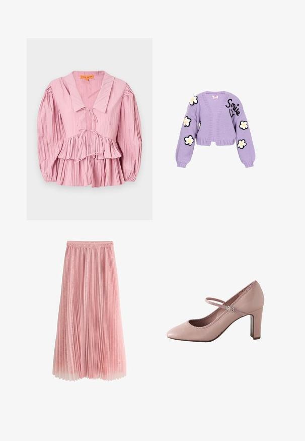 Lilla kootud kampsun lühikese lõikega, millel on mustad ja valged lilleaplikatsioonid ning sõna "Naerata" tikitud ees.; Stine Goya PLEATED BALLOON SLEEVE TIE - Pluus - pink nectar; Roosa volditud midi seelik pitsilise aluskihiga ja kogutud vöökohaga, valgel taustal esitletud.; Roosa nahast kõrge kontsaga king ümarate varvastega, pahkluu rihma ja lainelise äärega. Omab tuge toetavat õhukest kandmiku kontsa.