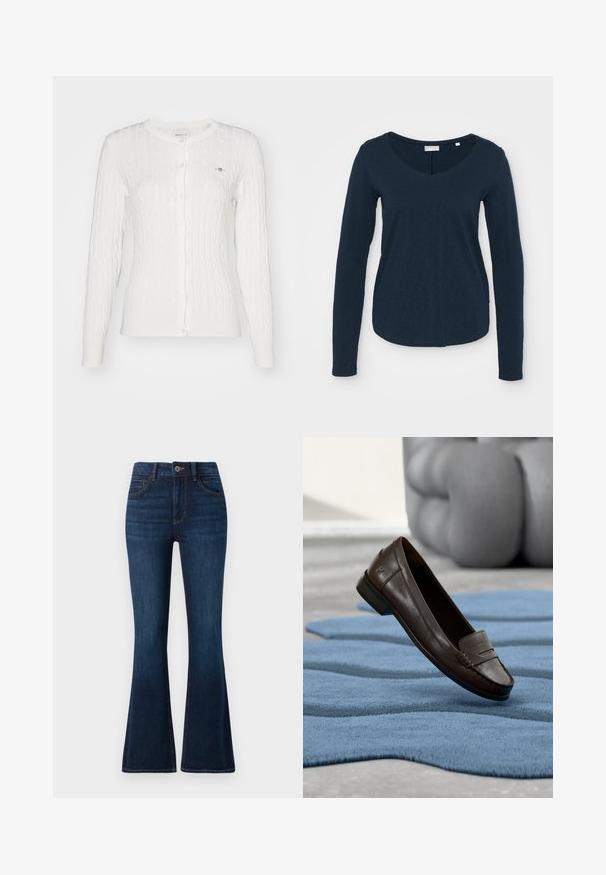 Cardigan blanc en maille torsadée à manches longues, boutonné, avec un col rond et un petit logo brodé sur la poitrine gauche.; T-shirt à manches longues bleu marine avec un col en V, fabriqué à partir d'un tissu doux avec une surface légèrement texturée et un ourlet arrondi.; TOM TAILOR STELLA denim bleu foncé; Mocassin en cuir marron foncé posé sur un tapis texturé bleu ondulé, avec un canapé gris doux flou en arrière-plan.
