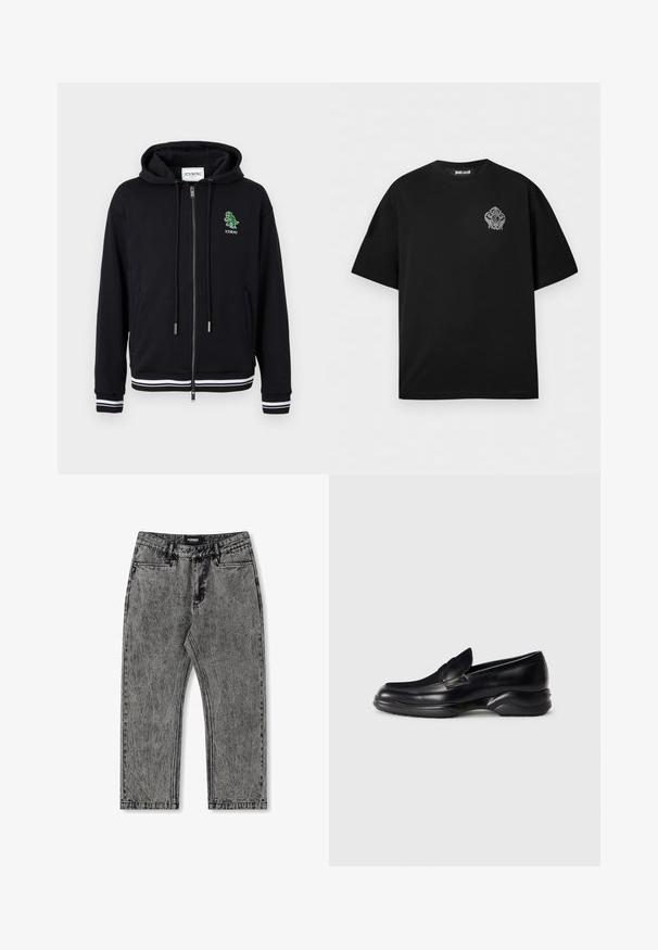 Sudadera con capucha negra con cremallera, cordones, puños y dobladillo con rayas blancas, y un pequeño logo de dinosaurio verde con el texto "ICEBERG" en el lado izquierdo del pecho.; Camiseta negra de manga corta con cuello redondo, con un pequeño emblema gris ornamentado en el pecho izquierdo y etiqueta "Just Cavalli" en el interior del cuello.; Jeans de mezclilla gris con un acabado desgastado, diseño de pierna recta y estilo de cinco bolsillos. Presenta una etiqueta con "FORMER" en la cinturilla.; Mocasines de piel negra con una suela de goma texturizada y baja, y un diseño de costura en la parte superior. Presenta una punta redondeada y mínimas ornamentaciones.