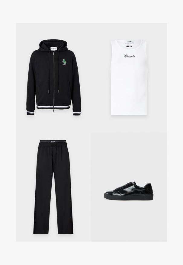 Hoodie zippé noir avec cordons, poignets et ourlet à rayures blanches, et petit logo dinosaure vert avec le texte "ICEBERG" sur le côté gauche de la poitrine.; Débardeur blanc sans manches à côtes avec le texte cursif noir "Endorphin" brodé sur la poitrine et des étiquettes internes de la marque MSGM au niveau de l'encolure.; Pantalons noirs à coupe décontractée, taille élastique, cordon de serrage ajustable et poches latérales. Fabriqués en tissu lisse sans motifs.; Baskets en cuir verni noir avec un bout arrondi, un laçage, une semelle en caoutchouc texturé et une finition lisse.