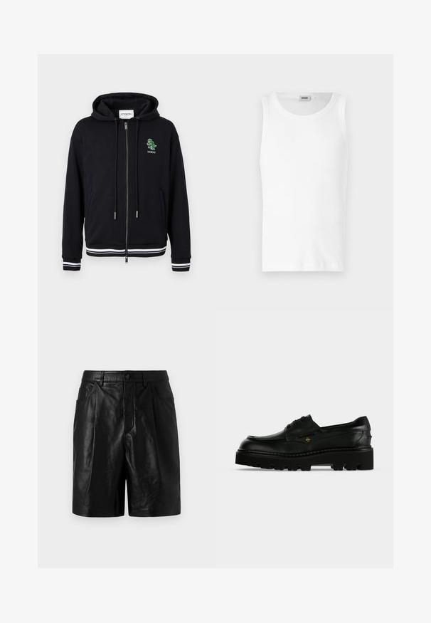Hoodie zippé noir avec cordons, poignets et ourlet à rayures blanches, et petit logo dinosaure vert avec le texte "ICEBERG" sur le côté gauche de la poitrine.; Débardeur en coton blanc sans manches avec un col rond et une texture lisse. Design simple, sans motifs ni accents.; Shorts en cuir noir à la coupe ajustée, dotés de deux poches avant, d'une fermeture à boutons et d'une texture lisse et brillante.; Mocassin en cuir noir à grosse semelle à lacets avec une semelle extérieure épaisse et crantée et un petit logo doré sur le côté.