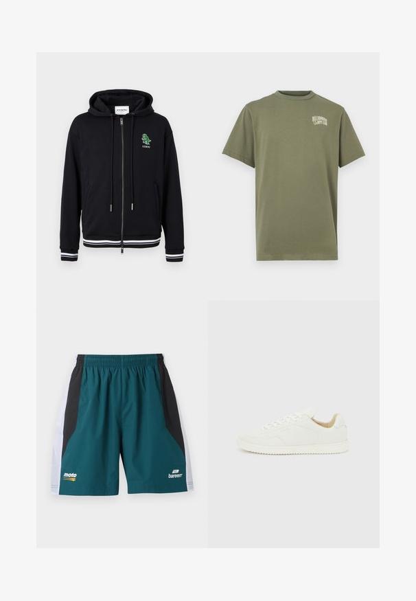 Hoodie zippé noir avec cordons, poignets et ourlet à rayures blanches, et petit logo dinosaure vert avec le texte "ICEBERG" sur le côté gauche de la poitrine.; T-shirt en coton vert olive avec col rond, manches courtes et petit logo blanc sur la poitrine indiquant "Billionaire Boys Club".; Shorts de sport bleu sarcelle avec des panneaux latéraux noirs et blancs, ceinture élastique, logo « moto » sur la jambe gauche et logo « bareen » sur la jambe droite.; Baskets basses en cuir blanc avec lacets blancs et semelle texturée, vues de côté extérieur sur un fond gris clair.