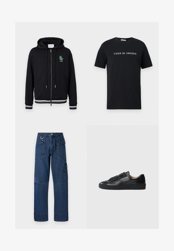 Čierna mikina na zips s kapucňou a sťahovacími šnúrkami, biele pruhované manžety a lem, a malým zeleným dinosaurom logom s textom "ICEBERG" na ľavej strane hrudníka.; Čierne tričko s krátkym rukávom a okrúhlym výstrihom s bielym nápisom „TIGER OF SWEDEN“ umiestneným v strede na hrudi na jednoduchom pozadí.; Tmavomodré džínsy cargo s rovnými nohavicami, obsahujúce množstvo vreciek, kovové prvky a kontrastné švy.; Čierne kožené tenisky s hladkým povrchom, okrúhlou špičkou a šnúrkami. Majú hrubú gumenú podrážku a minimálne značkové detaily.