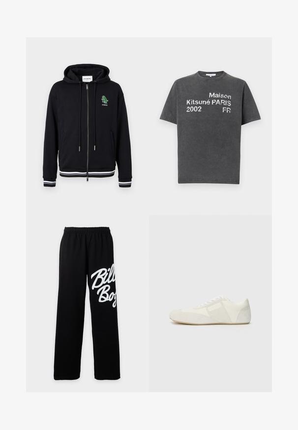Black zip-up hoodie with drawstrings, white-striped cuffs and hem, and a small green dinosaur logo with "ICEBERG" text on the left chest.; Charcoal gray short-sleeve T-shirt with white printed text: "Maison Kitsuné PARIS 2002 FR" on front, crew neckline, casual style.; Black elastic waist sweatpants with wide legs and large white "Billabong" text on the right thigh.; White athletic shoe with a sleek design, featuring a suede toe cap, leather panels, and contrasting textured accents. Flat rubber sole.