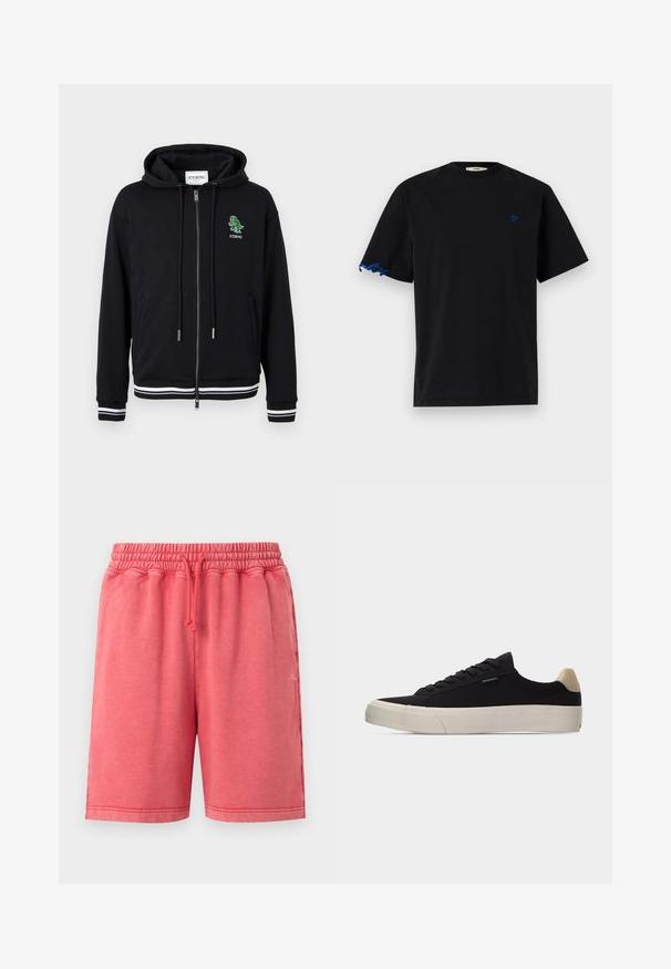 Hoodie zippé noir avec cordons, poignets et ourlet à rayures blanches, et petit logo dinosaure vert avec le texte "ICEBERG" sur le côté gauche de la poitrine.; T-shirt noir à manches courtes avec col rond, petit logo bleu d’outils croisés sur la poitrine gauche et texte bleu en cursive sur le bord de la manche droite.; Shorts décontractés rose corail avec taille élastique et cordon ajustable, deux poches latérales et petit logo blanc sur la jambe droite.; Baskets basses noires avec languette beige au talon, semelle en caoutchouc blanche épaisse, lacets noirs et petite étiquette "PS Paul Smith" sur le côté.