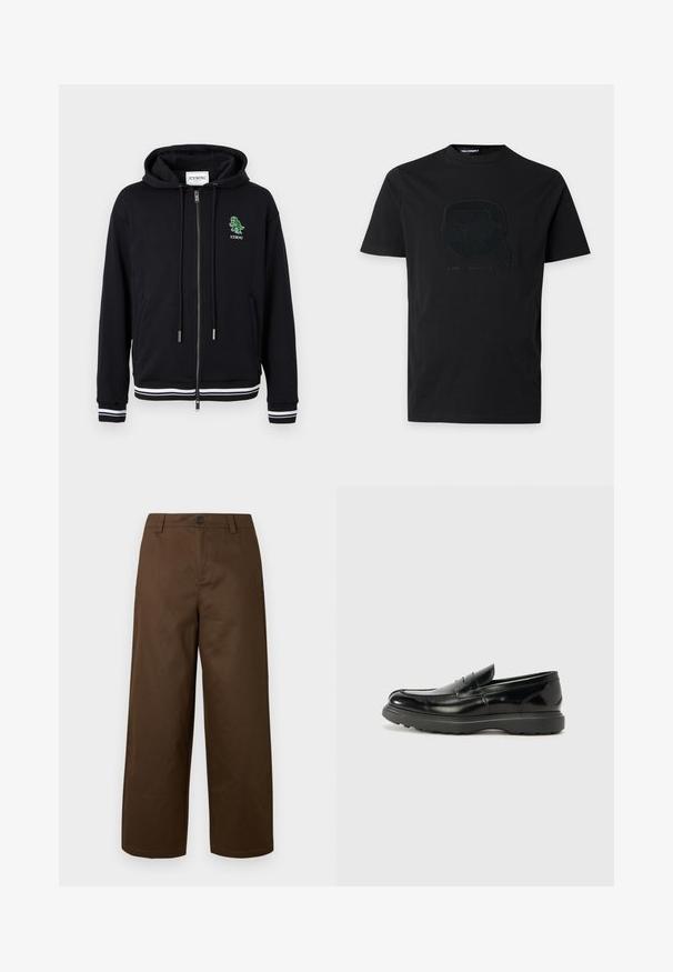 Hoodie zippé noir avec cordons, poignets et ourlet à rayures blanches, et petit logo dinosaure vert avec le texte "ICEBERG" sur le côté gauche de la poitrine.; T-shirt noir à manches courtes avec un graphisme en relief d'un visage stylisé portant des lunettes de soleil et un foulard, et le texte "KARL LAGERFELD" en dessous.; Pantalon marron à jambes larges en tissu lisse, avec fermeture à boutons à l'avant et poches latérales, au design épuré et simple.; Mocassin en cuir noir avec une finition brillante, bout arrondi, détails de couture subtils et semelle en caoutchouc épaisse pour la durabilité.