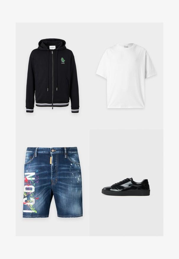 Hoodie zippé noir avec cordons, poignets et ourlet à rayures blanches, et petit logo dinosaure vert avec le texte "ICEBERG" sur le côté gauche de la poitrine.; T-shirt blanc uni à manches courtes et col rond, posé à plat sur un fond gris clair.; Shorts en denim à lavage foncé avec une texture usée, présentant des éclaboussures de peinture multicolores et un lettrage graphique blanc audacieux à l'avant.; Baskets en cuir verni noir avec un bout arrondi, un laçage, une semelle en caoutchouc texturé et une finition lisse.