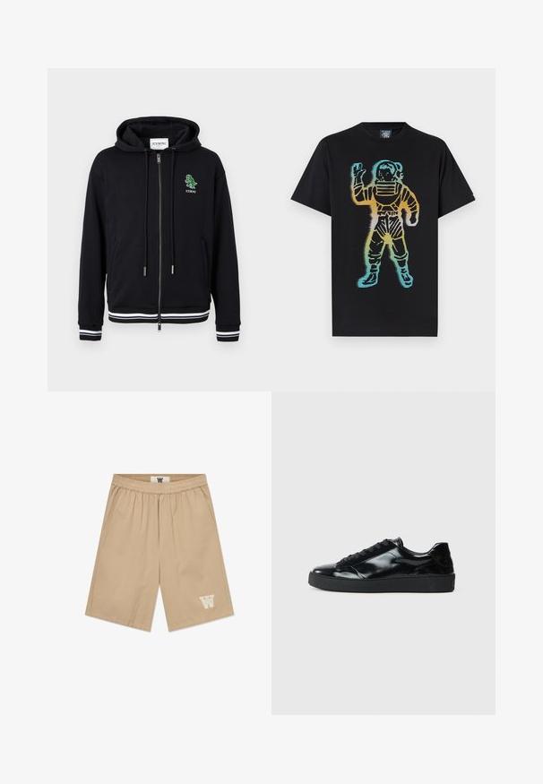 Hoodie zippé noir avec cordons, poignets et ourlet à rayures blanches, et petit logo dinosaure vert avec le texte "ICEBERG" sur le côté gauche de la poitrine.; T-shirt noir avec un graphisme multicolore représentant un astronaute rayé levant une main en signe de salutation.; Shorts beiges en tissu léger avec une taille élastique, des poches latérales et un accent logo blanc sur la jambe inférieure gauche.; Baskets en cuir verni noir avec un bout arrondi, un laçage, une semelle en caoutchouc texturé et une finition lisse.