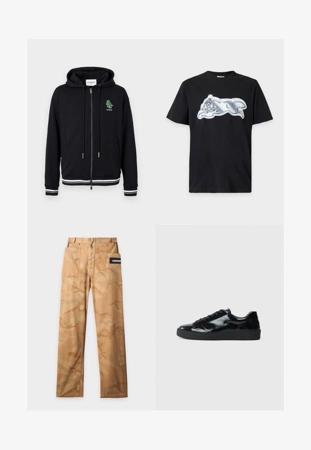 Hoodie zippé noir avec cordons, poignets et ourlet à rayures blanches, et petit logo dinosaure vert avec le texte "ICEBERG" sur le côté gauche de la poitrine.; T-shirt noir à manches courtes avec un graphisme métallique argenté brillant représentant un animal courant sur la poitrine.; Pantalon cargo camouflage beige et sable avec deux grandes poches avant et une fermeture éclair à l'avant sur un fond uni.; Baskets en cuir verni noir avec un bout arrondi, un laçage, une semelle en caoutchouc texturé et une finition lisse.