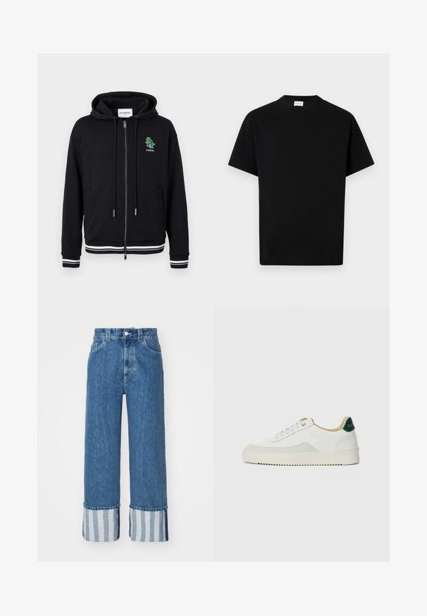 Hoodie zippé noir avec cordons, poignets et ourlet à rayures blanches, et petit logo dinosaure vert avec le texte "ICEBERG" sur le côté gauche de la poitrine.; T-shirt en coton noir avec un col rond, des manches courtes et une coupe droite. Pas de motifs visibles ni de détails matériels.; Jean en denim à jambes larges en bleu moyen, avec un ourlet à rayures verticales bleues et blanches. Design classique à cinq poches avec une fermeture à bouton.; Baskets blanches avec des accents en daim, bout arrondi, lacets plats et semelle en caoutchouc crème. Présente une marque verte sur le talon.