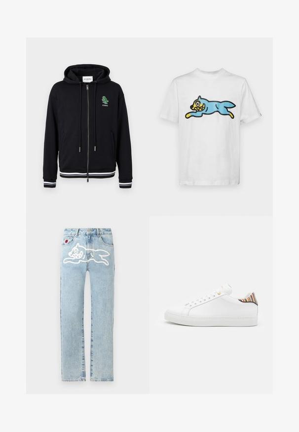 Sort lynlåshoodie med snørrelukning, hvidstribede ærmeender og kant, samt en lille grøn dinosaurlogo med "ICEBERG"-tekst på venstre bryst.; Hvid bomulds t-shirt med en blå, tegneserieagtig kat med et gult ansigt og skarpe tænder, placeret i en springende stilling.; Icecream RUNNING DOG PANT - Jeans Straight Leg - heavy wash blue; Hvide lædersneakers med en glat overflade, prydet med en farverig stribet detalje på hælen, guldøje og flad hvid sål.