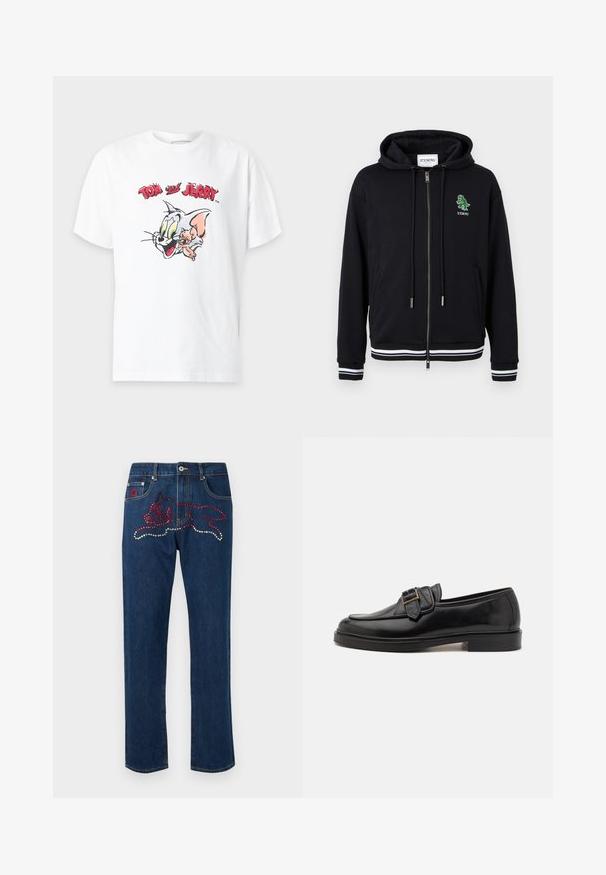 Hoodie zippé noir avec cordons, poignets et ourlet à rayures blanches, et petit logo dinosaure vert avec le texte "ICEBERG" sur le côté gauche de la poitrine.; T-shirt blanc à manches courtes avec des visages de dessin animé de Tom le chat et Jerry la souris, avec le texte "Tom et Jerry" en rouge au-dessus.; Jean en denim bleu avec un design orné de strass rouges et argentés représentant un chien sur la poche arrière. Coupe droite.; Mocassins en cuir noir avec un bout arrondi et une boucle décorative. Talon plat, solide et texture lisse sur l'ensemble.