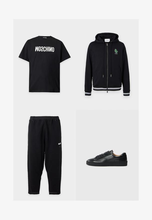 Hoodie zippé noir avec cordons, poignets et ourlet à rayures blanches, et petit logo dinosaure vert avec le texte "ICEBERG" sur le côté gauche de la poitrine.; T-shirt noir à manches courtes avec texte blanc inversé "MOSCHINO" imprimé sur la poitrine sur un fond clair uni.; Pantalon de jogging noir fuselé avec taille élastique, coutures contrastées blanches et petit logo blanc "Moschino" sur la cuisse supérieure.; Baskets en cuir noir avec une texture lisse, bout rond et fermeture à lacets. Comprend une semelle en caoutchouc épaisse et un minimum de détails de marque.