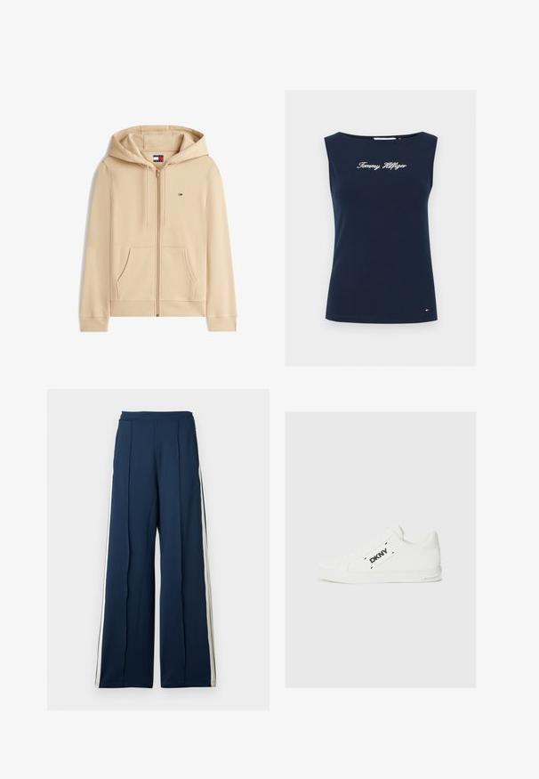 Beežist lukuga dressipluus ees taskute, kapuutsi, nöörkinnituste ja väikese Tommy Jeans logoga rinnal.; Tumesinine varrukateta top, mille rinnal on kiri „Tommy Hilfiger“ ja väike logomärgistusega silt ääre lähedal, ühevärvilisel taustal.; Tumed jalad tumepunases kangas, mille külgedel on kreemilised triibud. Omab kõrget vöökohta ja volditud detaile, et lisada struktuuri.; Valged nahast spordijalatsid, millel on lame põhi, ümar varvas ja must DKNY logo küljel. Sile tekstuur ning minimaalne detailides.