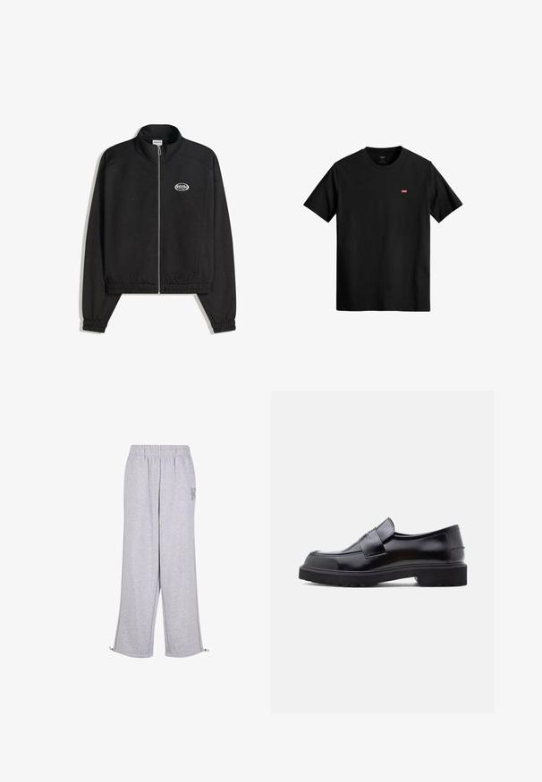 Veste noire zippée avec col montant, poignets et ourlet élastiqués, et un petit logo blanc sur le côté gauche de la poitrine.; T-shirt en coton noir avec un col rond, des manches courtes et un petit logo rouge Levi's sur la poitrine gauche. Design léger et simple.; Karl Kani Pantalon de survêtement - grey; Chaussure noire en cuir à enfiler avec un design épuré, bout rond et semelle épaisse en caoutchouc texturé. Présente une sangle décorative à l'avant.