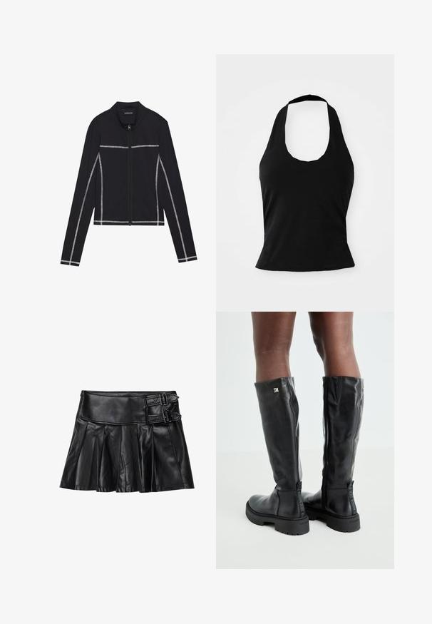 Even&Odd Sweatjakke - black; Sort halterneck top lavet af blød stof, med en scoop halsudskæring og en tætsiddende silhuet, med en glat tekstur og uden synlige mønstre.; Sort læderskirt med pliser, bred talje og to spænde-accenter på siden. Glat tekstur med en blank finish.; Sorte knæhøje læderstøvler med en glat overflade, rund tå, kraftig sål og lynlåslukning. Har sølvlogo på siden.