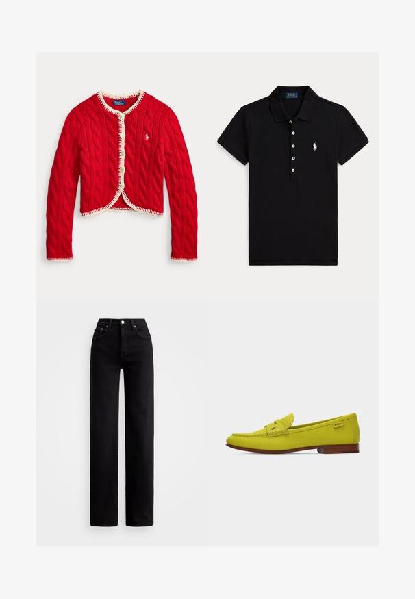 Rode kabelgebreide cardigan met witte bies en knopen, lange mouwen en Polo Ralph Lauren-logo op de borst.; Zwarte polo met korte mouwen, witte knopen, een kraag en een wit geborduurd Polo Ralph Lauren-logo op de linkerborst.; Hoge taille zwarte jeans met een rechte pijp, gemaakt van denim, met voorzakken en een zilveren knoopsluiting.; Felgele leren loafer met bruine zool, gestikte details en een klein Polo merklabel aan de hielkant.