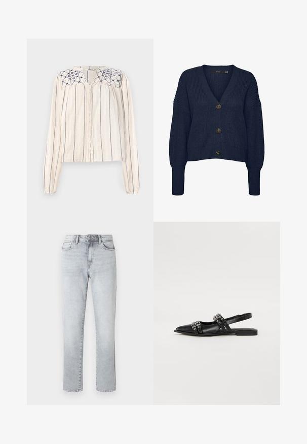 Cardigan de punto grueso azul marino con cuello en V, mangas largas, puños y dobladillo acanalados, y tres grandes botones oscuros en la parte delantera.; Blusa beige de manga larga con rayas verticales en azul marino, con botones en la parte delantera y diseño floral bordado en el escote. Tejido texturizado.; Jeans de pierna recta en gris claro con cierre de botón, bolsillos delanteros y trabillas para cinturón, exhibidos sobre un fondo blanco liso.; Even&Odd Bailarinas con tira trasera - black