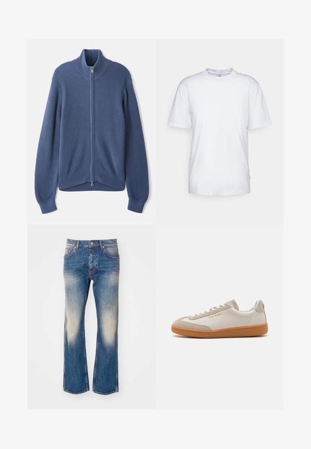 Pull en laine bleu tricoté avec un col haut, fermeture éclair intégrale, texture côtelée et manches ajustées. Caractérisé par un ourlet incurvé avec un design subtil.; T-shirt en coton blanc avec un col rond, des manches courtes et un ourlet droit. Présente une petite étiquette de marque sur la couture latérale gauche.; Jean flare en denim bleu clair avec décoloration sur les cuisses, cinq poches, fermeture à bouton en métal et détails de couture contrastante.; Baskets basses blanches et beiges avec semelle en caoutchouc, lacets blancs, détails en daim et logo doré "Paul Smith" sur le côté.