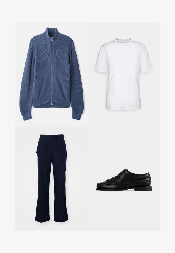 Pull en laine bleu tricoté avec un col haut, fermeture éclair intégrale, texture côtelée et manches ajustées. Caractérisé par un ourlet incurvé avec un design subtil.; T-shirt en coton blanc avec un col rond, des manches courtes et un ourlet droit. Présente une petite étiquette de marque sur la couture latérale gauche.; Pantalons cargo bleu marine avec une coupe droite, dotés de plusieurs grandes poches, d'une taille plate et d'un tissu lisse et texturé.; Chaussure habillée noire en cuir à lacets, talon bas et coutures moc toe, vue de profil gauche sur fond uni.