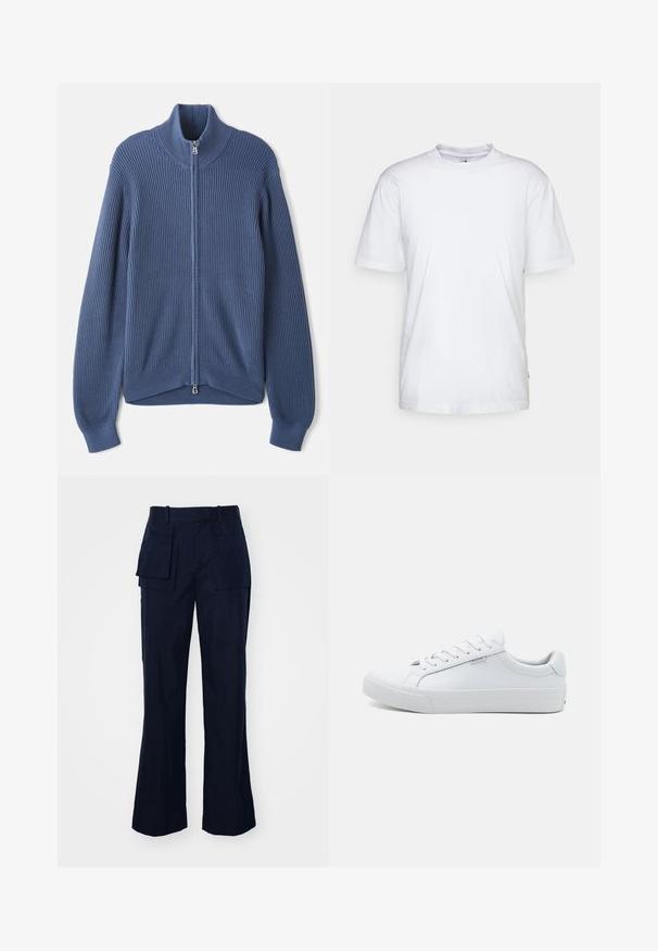Pull en laine bleu tricoté avec un col haut, fermeture éclair intégrale, texture côtelée et manches ajustées. Caractérisé par un ourlet incurvé avec un design subtil.; T-shirt en coton blanc avec un col rond, des manches courtes et un ourlet droit. Présente une petite étiquette de marque sur la couture latérale gauche.; Pantalons cargo bleu marine avec une coupe droite, dotés de plusieurs grandes poches, d'une taille plate et d'un tissu lisse et texturé.; Baskets blanches en cuir avec une finition lisse, design bas, bout rond et semelle plate en caoutchouc. Dotées de lacets plats et d'une signalétique minimale.