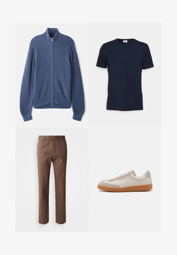 Suéter azul de punto con un alto cuello, cremallera completa, textura acanalada y mangas ajustadas. Presenta un dobladillo curvado con un diseño sutil.; Camiseta de cuello redondo en azul marino, fabricada con tejido suave. Tiene mangas cortas y un corte clásico, con una etiqueta en el cuello. Textura lisa y diseño minimalista.; Pantalones marrones con un corte ajustado, frente plano y dos bolsillos laterales. Están hechos de una tela suave con un acabado limpio y sin patrones visibles.; Zapatilla baja en blanco y beige con suela de goma, cordones blancos, detalles de ante y el logo dorado "Paul Smith" en el lateral.