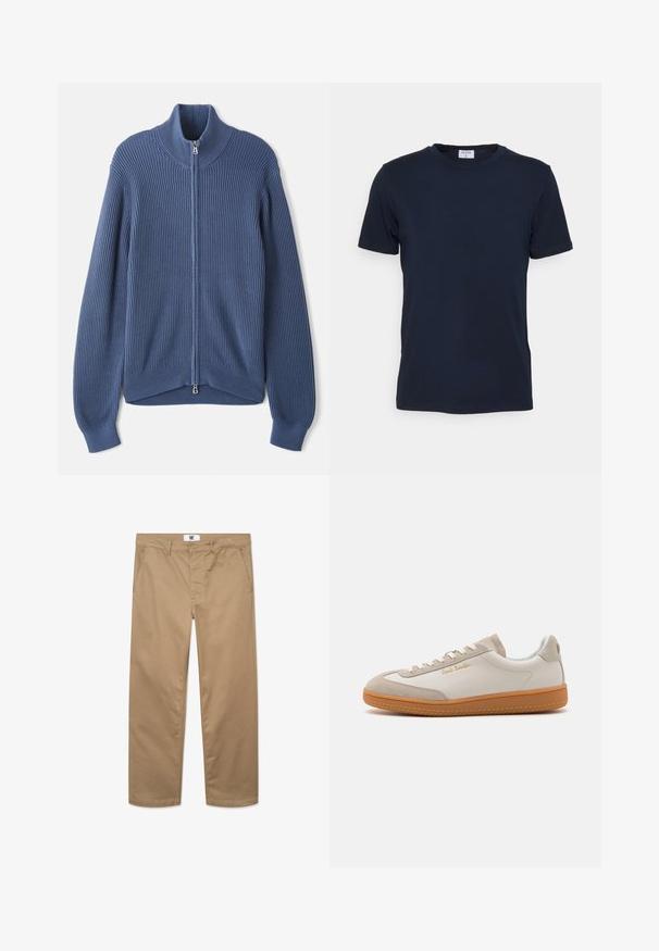 Strikket blå sweater med høj krave, fuld lynlås, ribbet tekstur og tætsiddende ærmer. Har en buet kant med et subtilt design.; Marineblå crew-neck t-shirt lavet af blødt stof. Korte ærmer med en klassisk pasform, der har et mærke ved halsen. Glat tekstur, minimalistisk design.; Kakhifarvede bomuldsbukser med lige ben, der har en enkelt knaplukning, bæltestropper og to sidelommer. Glat tekstur.; Hvide og beige lavtoppede sneakers med gummisål, hvide snørebånd, detaljer i ruskind og guld "Paul Smith" logo på siden.