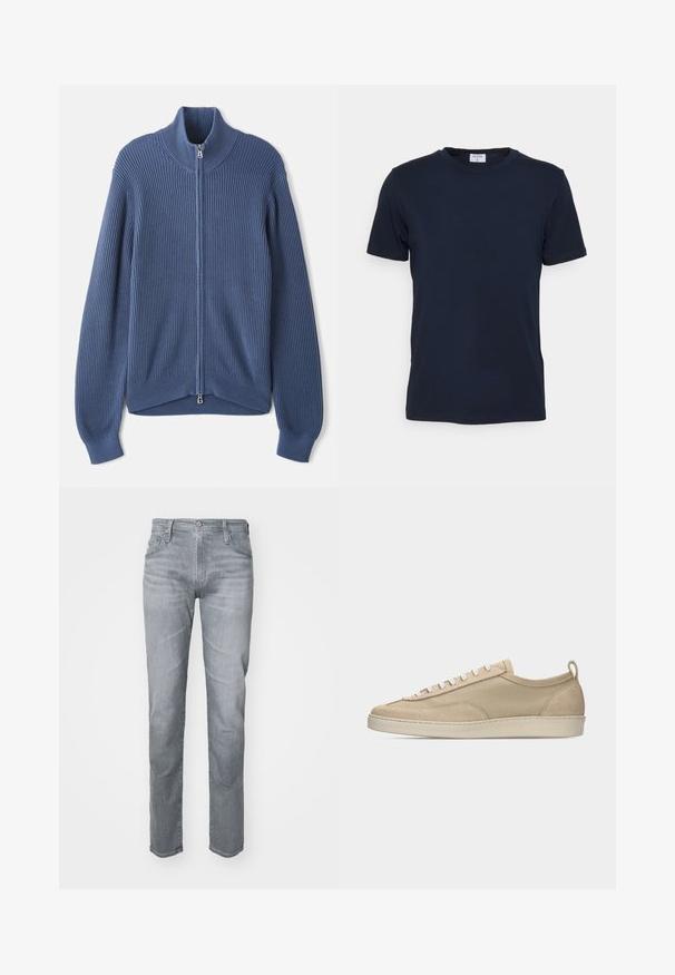 Strikket blå sweater med høj krave, fuld lynlås, ribbet tekstur og tætsiddende ærmer. Har en buet kant med et subtilt design.; Marineblå crew-neck t-shirt lavet af blødt stof. Korte ærmer med en klassisk pasform, der har et mærke ved halsen. Glat tekstur, minimalistisk design.; Grå denimjeans med lige pasform, fem lommer, bæltehuller og lukning med knap foran. Diskret falming for tekstur.; Beige lavtop sneakers med overdel i stof og ruskind, hvide snørebånd, gummisål og hælstrækkehank, vist i sideprofil på hvid baggrund.