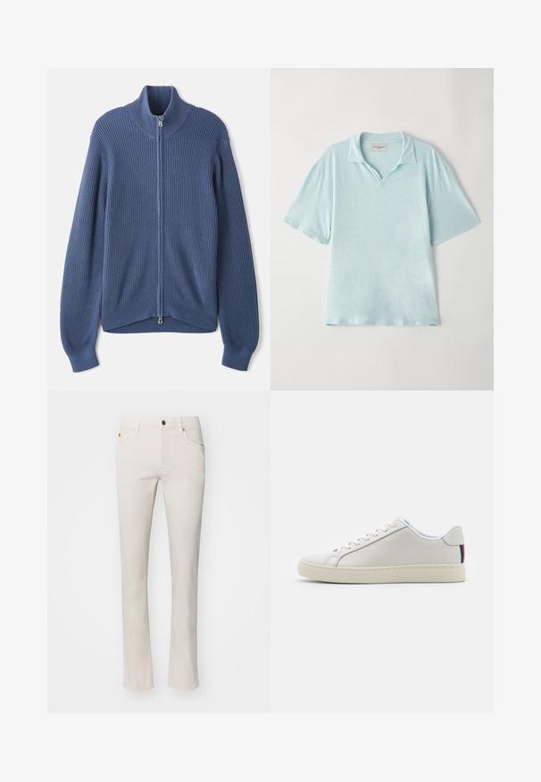 Strikket blå sweater med høj krave, fuld lynlås, ribbet tekstur og tætsiddende ærmer. Har en buet kant med et subtilt design.; Lys blå, kortærmet polo-shirt med krave og en afslappet pasform. Blødt, tekstureret stof med et subtilt melange-mønster.; Beige lige ben jeans lavet af en blanding af bomuldsstof. Har traditionelt fem-lomme design og metal knaplukning ved taljen.; Hvide lædersneakers med en glat tekstur, rund tå, flad sål og matchende snørebånd. Har en farverig stribet detalje på hælen.