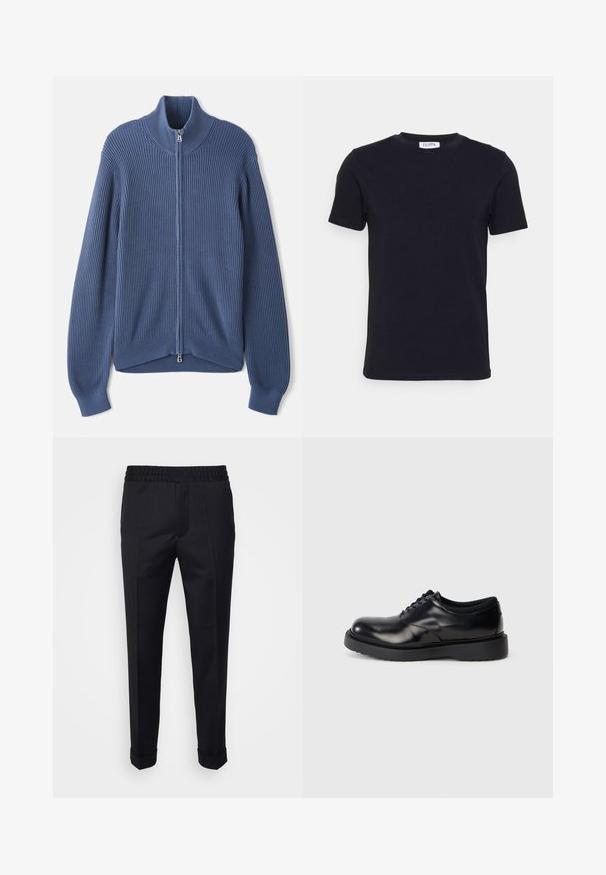 Pull en laine bleu tricoté avec un col haut, fermeture éclair intégrale, texture côtelée et manches ajustées. Caractérisé par un ourlet incurvé avec un design subtil.; T-shirt noir à manches courtes avec un col ras-du-cou, muni d'une petite étiquette blanche à l'intérieur du col.; Pantalon noir en tissu léger, avec une taille élastique, des poches latérales et des poignets roulés. Texture lisse avec des plis à l'avant.; Chaussure en cuir noir à lacets avec un bout rond, surface lisse et une semelle en caoutchouc épaisse dotée de légers rainurages pour une meilleure adhérence.
