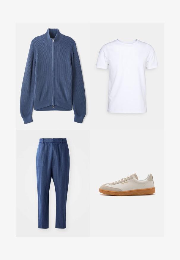 Suéter azul de punto con un alto cuello, cremallera completa, textura acanalada y mangas ajustadas. Presenta un dobladillo curvado con un diseño sutil.; Camiseta blanca de manga corta en tejido de algodón con cuello redondo. Diseño simple sin patrones ni acentos. Textura suave.; Pantalones de lino azul marino con un corte relajado, cinturilla elástica y piernas ajustadas. Presentan una textura suave y detalles de costura mínimos.; Zapatilla baja en blanco y beige con suela de goma, cordones blancos, detalles de ante y el logo dorado "Paul Smith" en el lateral.