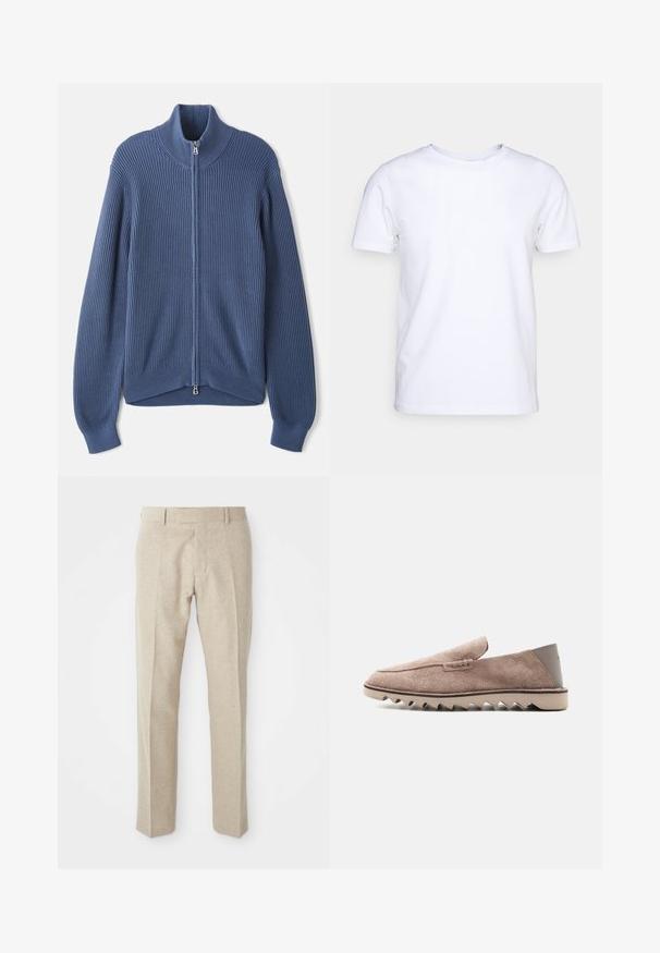 Suéter azul de punto con un alto cuello, cremallera completa, textura acanalada y mangas ajustadas. Presenta un dobladillo curvado con un diseño sutil.; Camiseta blanca de manga corta en tejido de algodón con cuello redondo. Diseño simple sin patrones ni acentos. Textura suave.; Pantalones beige ajustados hechos de una tela texturizada, con un frente plano, piernas rectas y una cintura tradicional con pasadores para cinturón.; Mocasín de ante marrón claro con suela de goma en zigzag y parche de talón liso, vista lateral sobre fondo blanco liso.