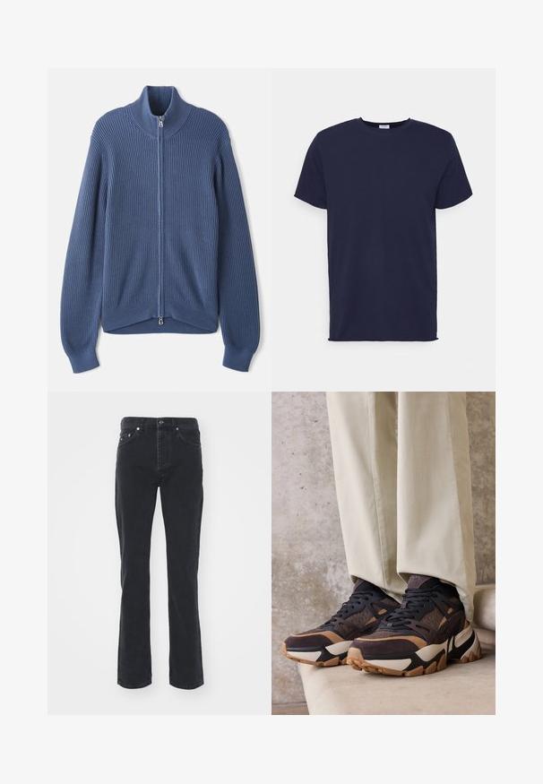 Pull en laine bleu tricoté avec un col haut, fermeture éclair intégrale, texture côtelée et manches ajustées. Caractérisé par un ourlet incurvé avec un design subtil.; T-shirt bleu marine à manches courtes fabriqué en tissu doux. Présente un col rond et une coupe droite sans motifs ni accents.; Jeans en denim noir avec une coupe droite, comportant cinq poches et une fermeture à bouton. Le tissu a une texture subtile et une finition robuste.; Baskets épaisses noires et marron avec semelles beige portées avec un pantalon beige clair sur un fond en pierre texturée.
