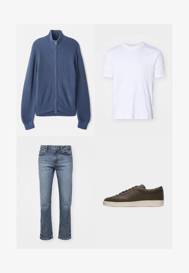 Strikket blå sweater med høj krave, fuld lynlås, ribbet tekstur og tætsiddende ærmer. Har en buet kant med et subtilt design.; Hvid bomulds T-shirt med ribbet rund halsudskæring, korte ærmer og normal pasform. Glat tekstur, ingen synlige mønstre eller detaljer.; Blå denimjeans har et lige ben design, fem lomme stil og en knaplukning med kontrastsying på sømmene.; Low-top mørkebrun lædersneaker med snørelukning foran og cremefarvet gummisål, vist fra ydersiden mod hvid baggrund.