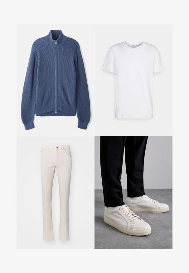 Strikket blå sweater med høj krave, fuld lynlås, ribbet tekstur og tætsiddende ærmer. Har en buet kant med et subtilt design.; Hvid kortærmet t-shirt lavet af bomuld. Har en rund halsudskæring og en afslappet pasform uden synlige mønstre eller detaljer.; Beige lige ben jeans lavet af en blanding af bomuldsstof. Har traditionelt fem-lomme design og metal knaplukning ved taljen.; Lys beige lædersneakers med flade snørebånd, en tekstureret overflade og en kontrasterende cremelilla gummisål, båret med sorte tapered bukser.