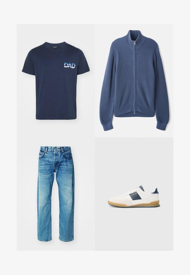 Gebreide blauwe trui met een hoge kraag, volledige rits, ribbeltextuur en aansluitende mouwen. Heeft een gebogen zoom met een subtiel ontwerp.; Marineblauwe katoenen T-shirt met korte mouwen. Heeft een witte grafische tekst "DAD" aan de linkerkant, in een vet lettertype. Eenvoudig en casual ontwerp.; Blauwe denim jeans met een ontspannen pasvorm, voorzien van vijf zakken, een knopenfly, subtiele vervaging en een licht afgeknipte zoom.; Witte sneakers met marineblauwe accenten, gemaakt van suède en leer, met een ronde neus en rubberen zool. Heeft een logo aan de zijkant en achterkant.