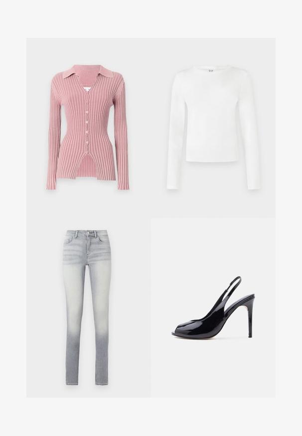 Cardigan à manches longues en ribé de couleur rose clair, avec un col, un décolleté en V et une fermeture à cinq boutons, doté d'un ourlet fendu distinctif.; Chemise à manches longues et col rond en tissu blanc uni. Présente une silhouette ajustée avec une texture lisse et un logo de la marque discret au niveau du col.; Jeans skinny bleu clair avec un dégradé, comportant cinq poches, une fermeture à bouton à l'avant et un léger délavage au niveau de la cuisse.; Chaussure à talon haut à bride arrière en cuir verni noir avec bout ouvert et talon aiguille, sur fond blanc uni.
