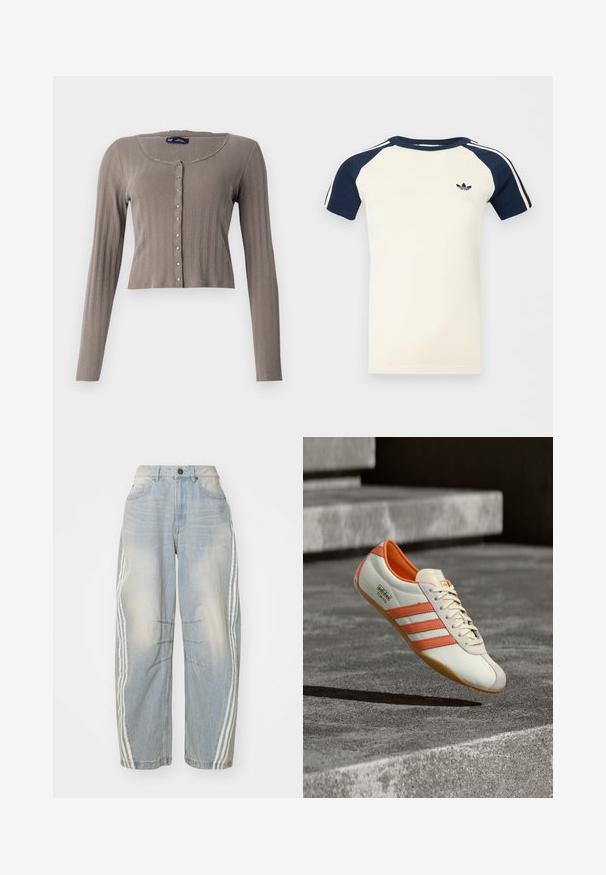 Langsleeve, cropped cardigan in lichtbruin ribstof. Heeft een ronde halslijn en knoopsluiting met metalen accenten.; Korte mouwen crème overhemd met marineblauwe raglanmouwen, witte strepen op de mouwen en een klein zwart Adidas-logo op de borst.; Lichtblauwe denim jeans met een losse pasvorm, voorzien van witte strepen aan de zijkanten, verweringdetails en een knoopsluiting in de taille.; Witte en oranje sneaker met drie zijstrepen, bovenwerk van glad leer, gestructureerde zool en een afgeronde neus. Voorzien van het logo "adidas TOKYO."