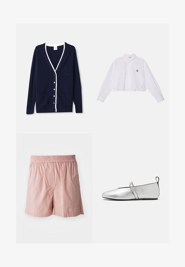 Cardigan marine en matériau doux, avec un col en V, des bordures blanches, cinq boutons et deux poches avant. Design classique avec des accents subtils.; Chemise blanche à manches longues, cropped, avec un col classique et un petit logo noir brodé sur la poitrine gauche.; Shorts rose clair avec des rayures verticales rouges et blanches. Taille élastique ; coupe décontractée ; texture lisse avec un minimum de détails.; rag & bone SPIRE MARY JANE - Babies - silver