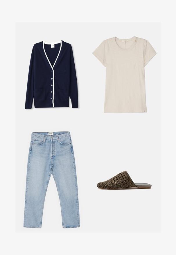 Marineblauwe cardigan van zacht materiaal, met een V-hals, witte accentrand, vijf knopen en twee voorzakken. Tijdloos ontwerp met subtiele accenten.; Lichtbeige T-shirt met korte mouwen van zachte stof, met een ronde halslijn en een klein logo-label aan de onderlinkerkant.; Lichtblauwe denim jeans met een klassieke rechte pasvorm, vijf zakken en een knoopsluiting, met subtiele vervaging en een stevige textuur.; Bruine geweven instap mule met een platte zool en gesloten afgeronde neus op een witte achtergrond.