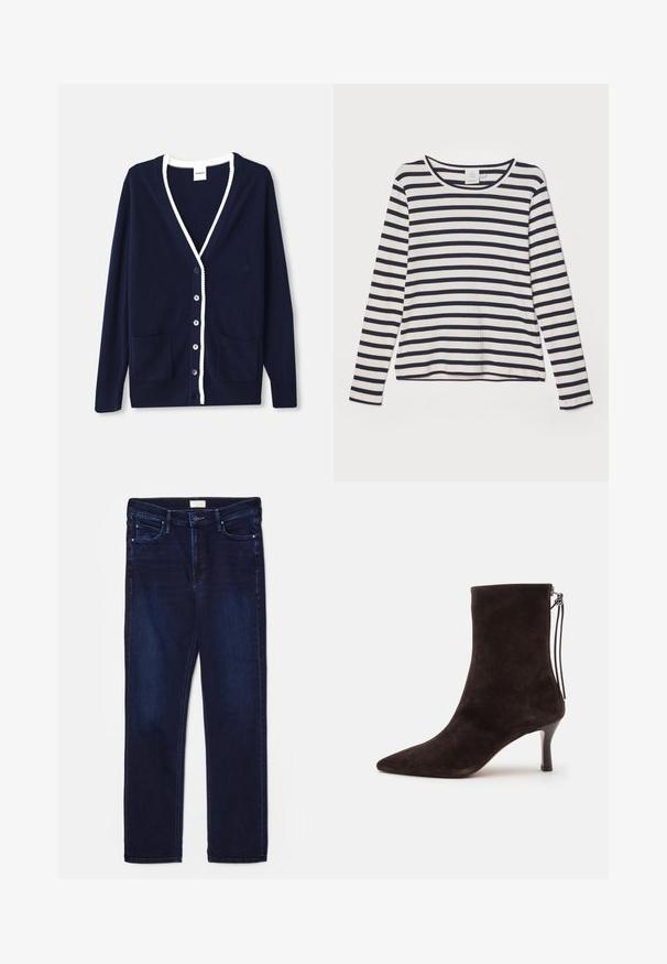 Marineblauwe cardigan van zacht materiaal, met een V-hals, witte accentrand, vijf knopen en twee voorzakken. Tijdloos ontwerp met subtiele accenten.; Langarmshirt in crème met marineblauwe horizontale strepen, voorzien van een ronde hals, ribbelstructuur en een ontspannen pasvorm.; Donkerblauwe spijkerbroek met slim fit, vijf zakken, stikselaccenten en rechte pijpen. Voorzien van een knoop- en ritssluiting.; Zwarte suède enkellaars met spits toelopende neus, middelhoge smalle hak en ritssluiting met trekkoord aan de achterkant.