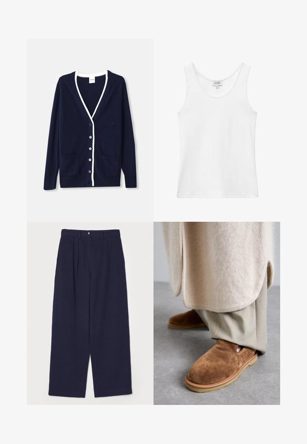 Cardigan marine en matériau doux, avec un col en V, des bordures blanches, cinq boutons et deux poches avant. Design classique avec des accents subtils.; Débardeur blanc côtelé sans manches avec encolure ronde et étiquette de marque à l'arrière, à l'intérieur du col.; Pantalon large en bleu marine en tissu texturé, avec un pli avant, une fermeture à bouton métallique et des poches latérales.; Chaussures slip-on en suède marron avec un bout arrondi, semelle en caoutchouc et détails en découpes sur les côtés, assorties à un pantalon taillé beige clair.